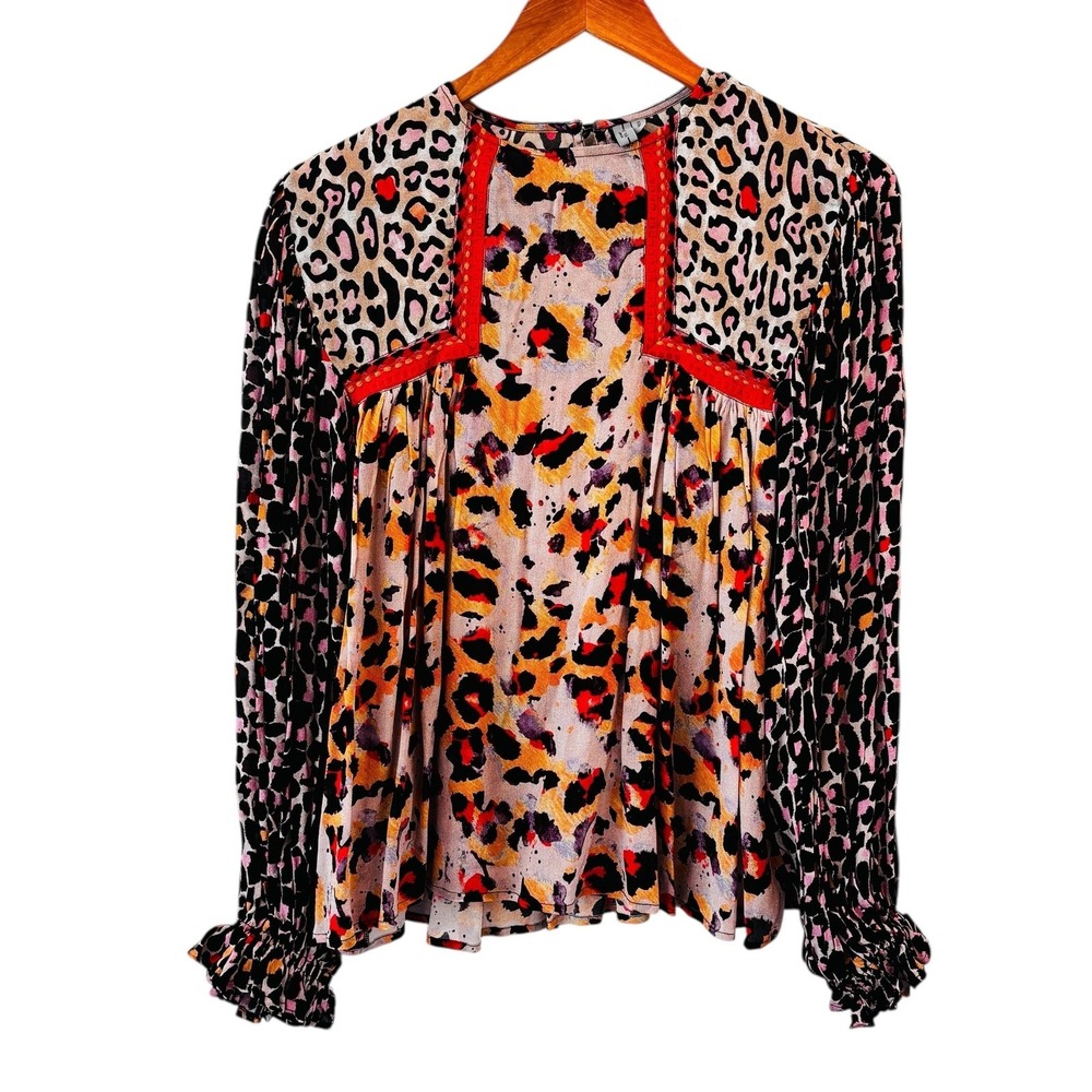 Blank London Miranda Top Womens XS Multicolor Boho Leopard Peasant Oversized
